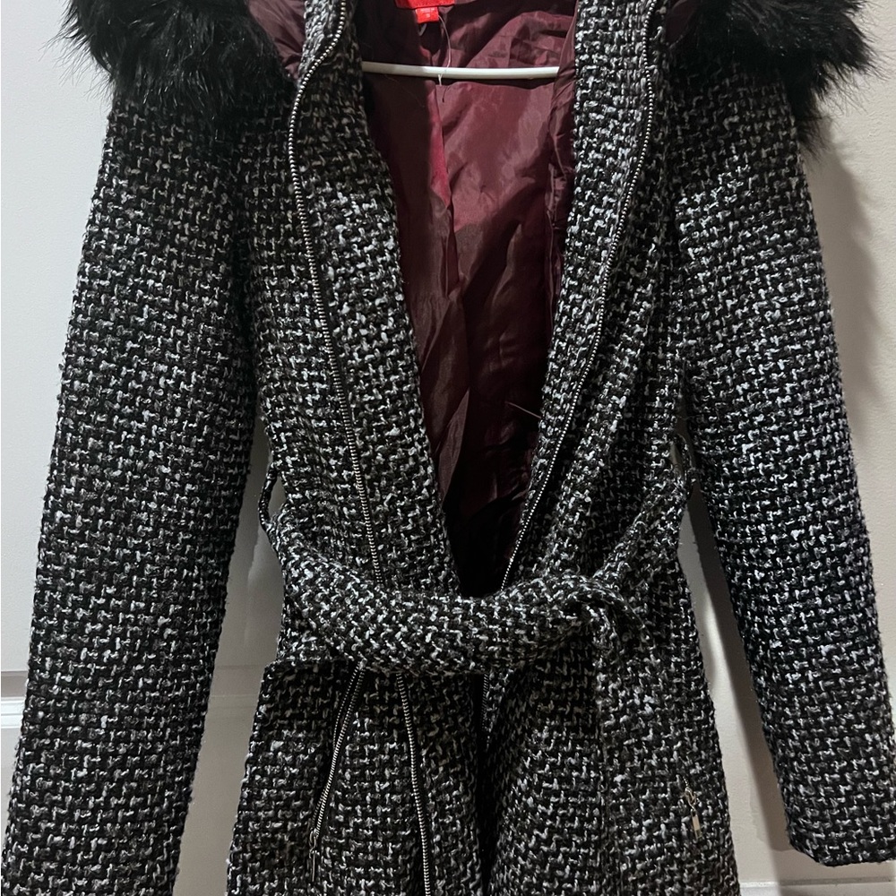 Guess Monochrome Textured Tweed Coat with Faux Fur Collar and hoodie